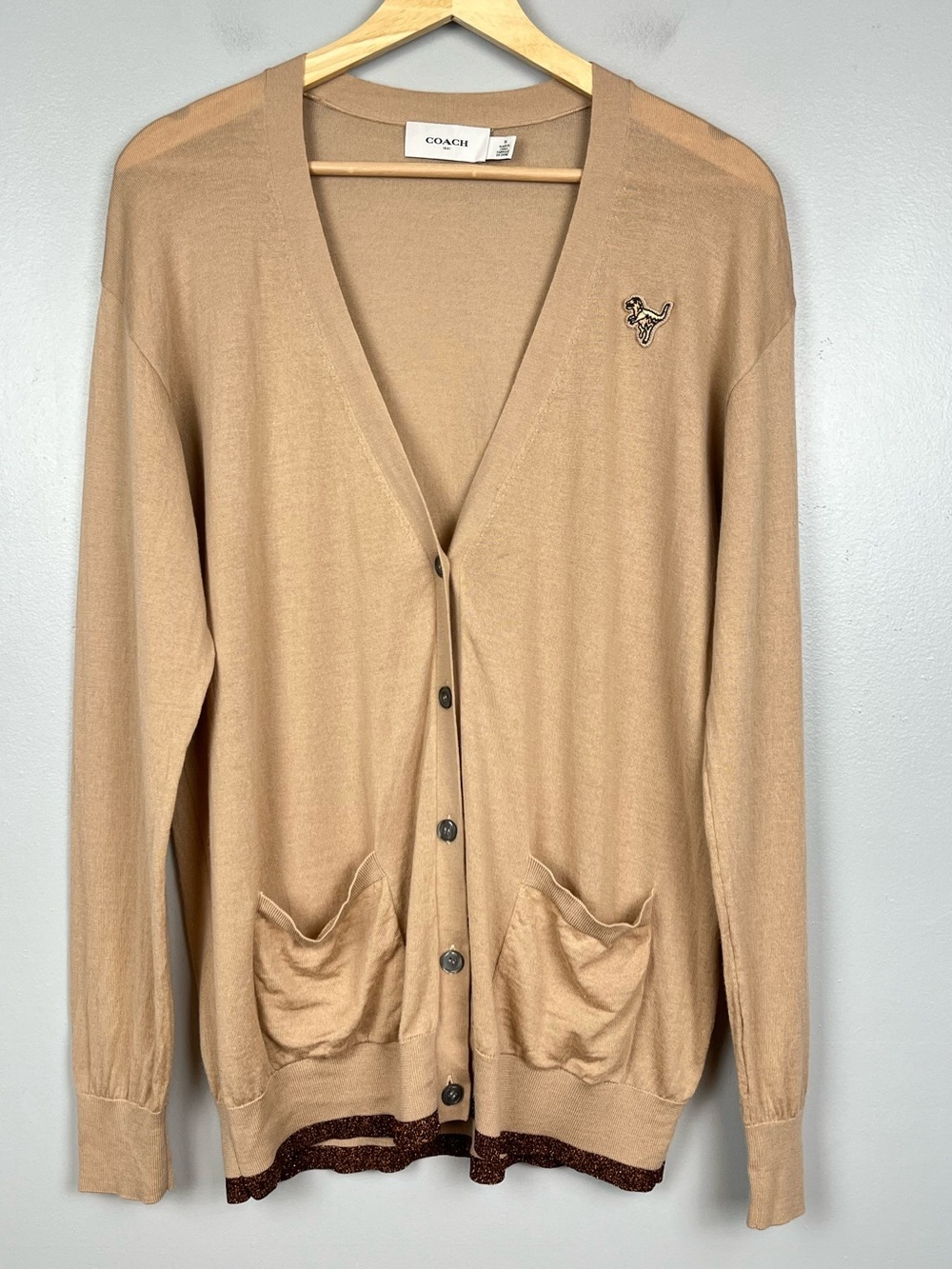 Coach 1941 women’s tan merino Rexy Patch Cardigan, medium. - Picture 2 of 7